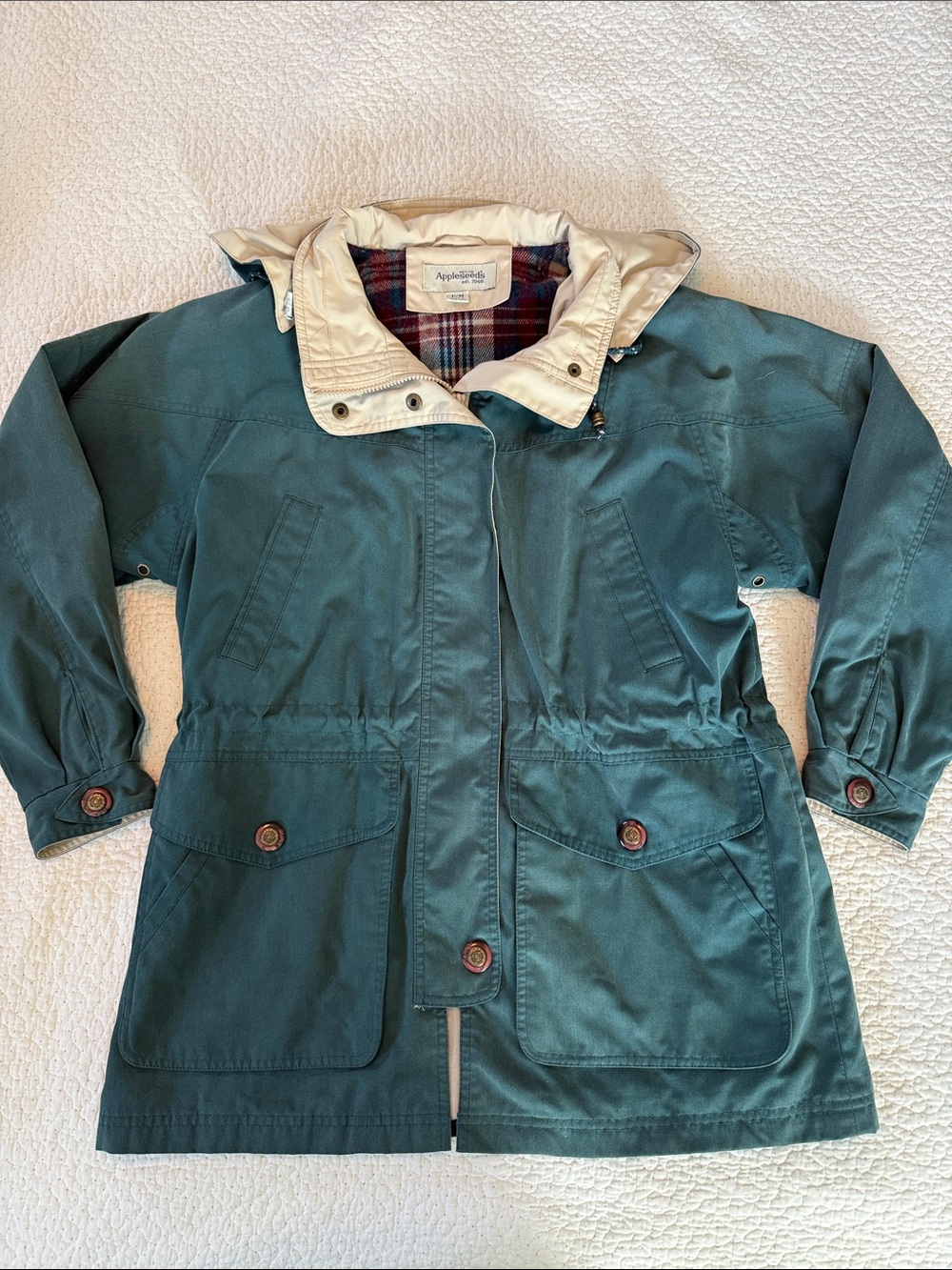 Appleseed's Teal Green Hooded Womens Jacket with Cream Trim